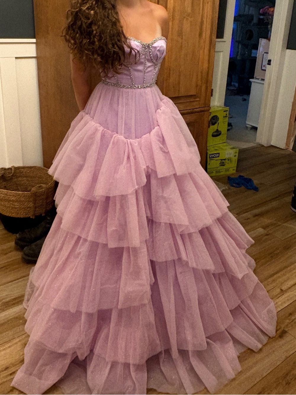 Lavender Tiered Tulle Prom Dress with Beaded Corset - Picture 4 of 5